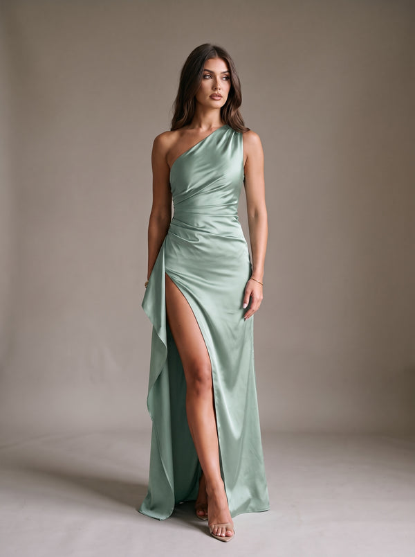 Aurelia Satin Maxi Dress – Emerald – Front