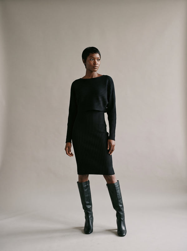 Freya Rib Knit Set – Black – Front