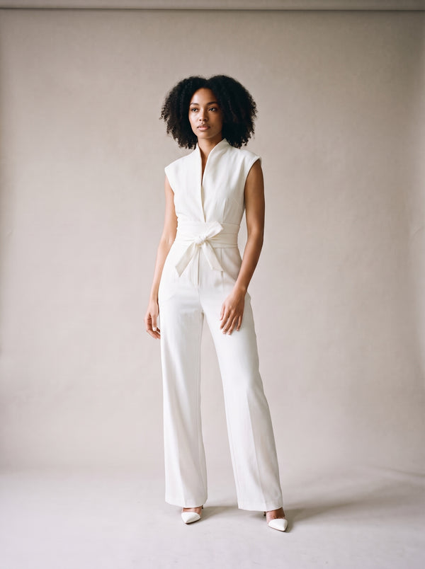 Vivienne Belted Jumpsuit – White – Front