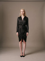 Noor Satin Shirt Dress – Black – Front