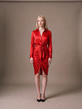 Noor Satin Shirt Dress – Red – Front