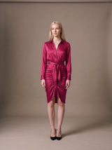 Noor Satin Shirt Dress – Rose Red – Front