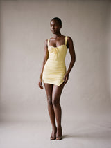 Cleo Ruched Mini Dress – Light Yellow – Front